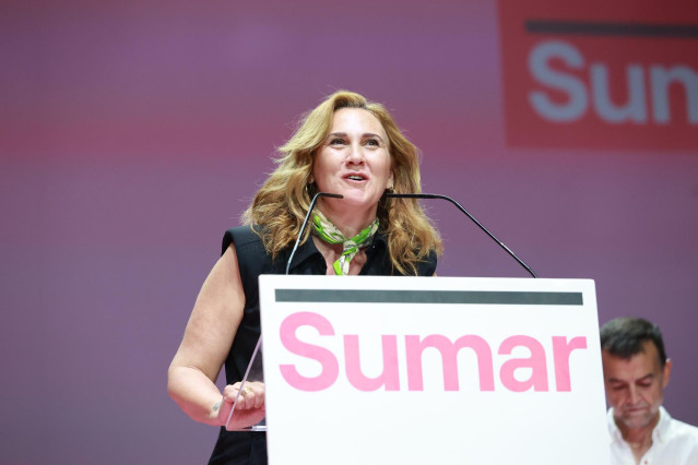 La cabeza de lista de Sumar para las elecciones europeas, Estrella Galán, interviene en el acto central de Sevilla. A 2 de junio de 2024, en Sevilla (Andalucía, España).