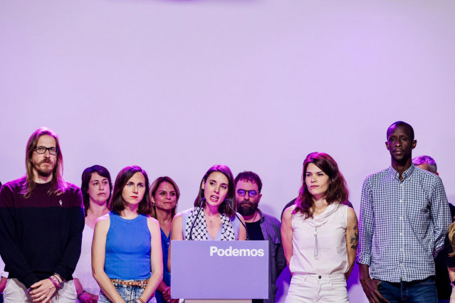 La cabeza de lista de Podemos a las elecciones europeas, Irene Montero, valora los resultados electorales del 9 de junio junto a la directiva del partido, a 9 de junio de 2024 en MADRID.