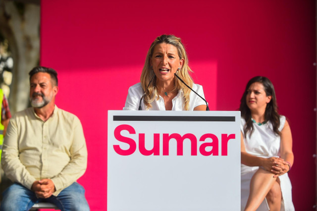 La vicepresidenta segunda del Gobierno y ministra de Trabajo y Economía Social, Yolanda Díaz interviene en el acto político por la elecciones del 9J, a 6 de junio de 2024, en Málaga, Andalucía (España).