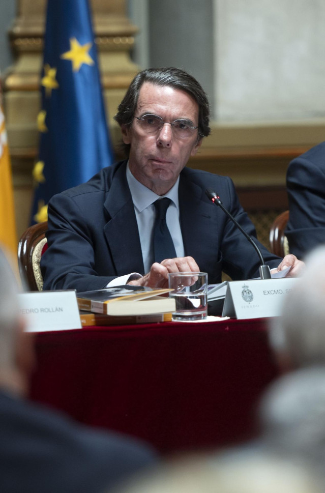 El expresidente del Gobierno José María Aznar durante la presentación del ensayo 'Ramón Menéndez Pidal: El último liberal unitario', escrito por Jon Juaristi, en el Senado, a 3 de junio de 2024, en Madrid (España). La obra ha sido presentada por la Fundac