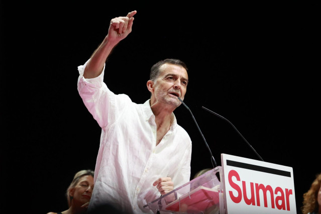 El coordinador federal de Izquierda Unida, Antonio Maíllo, interviene en el acto de Sevilla. A 2 de junio de 2024, en Sevilla (Andalucía, España)