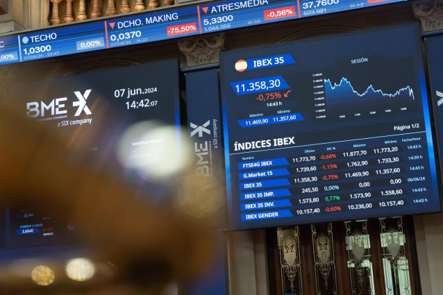 Paneles del IBEX 35, en el Palacio de la Bolsa de Madrid, a 7 de junio de 2024, en Madrid (España).