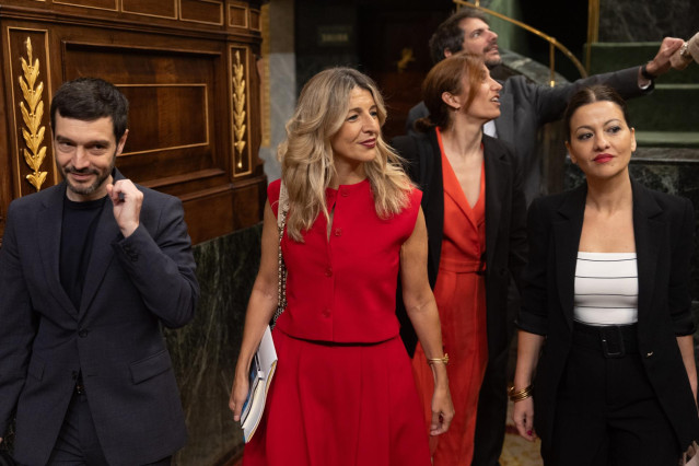 La vicepresidenta segunda del Gobierno y ministra de Trabajo y Economía Social, Yolanda Díaz, a su llegada a una sesión de control, en el Congreso de los Diputados, a 12 de junio de 2024, en Madrid (España).