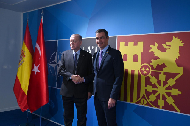 Archivo - El presidente del Gobierno, Pedro Sánchez y el primer ministro de Turquía, Recep Tayyip Erdogan, en un encuentro bilateral en la Cumbre de la OTAN.