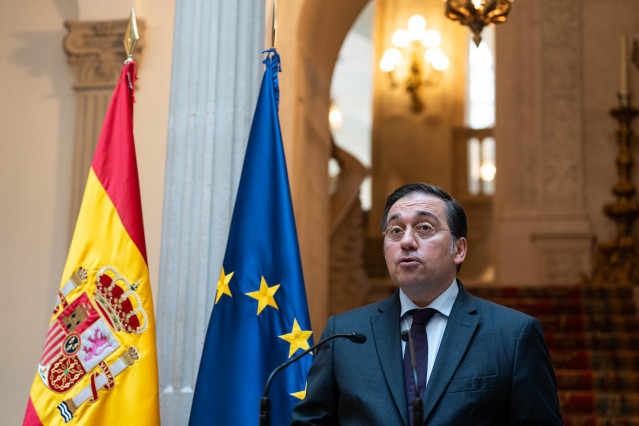 El ministro de Asuntos Exteriores, Unión Europea y Cooperación, José Manuel Albares, durante una rueda de prensa, en el Palacio de Viana, a 6 de junio de 2024, en Madrid (España).
