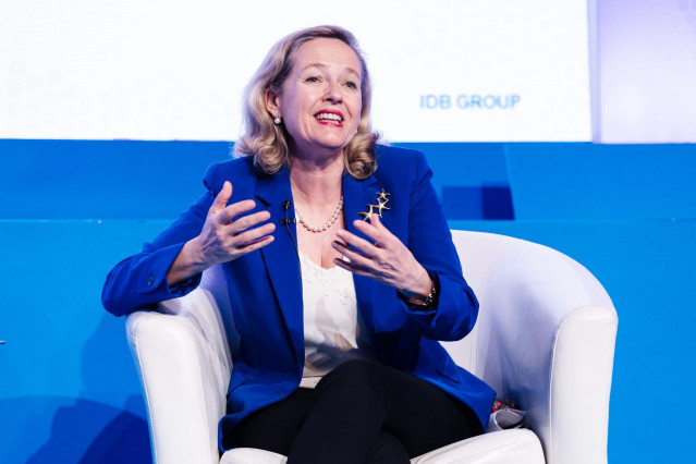 La presidenta del Banco Europeo de Inversiones, Nadia Calviño, durante una conversación en el lanzamiento del programa 'BID for the Americas', en la Casa de América, a 30 de mayo de 2024, en Madrid (España).