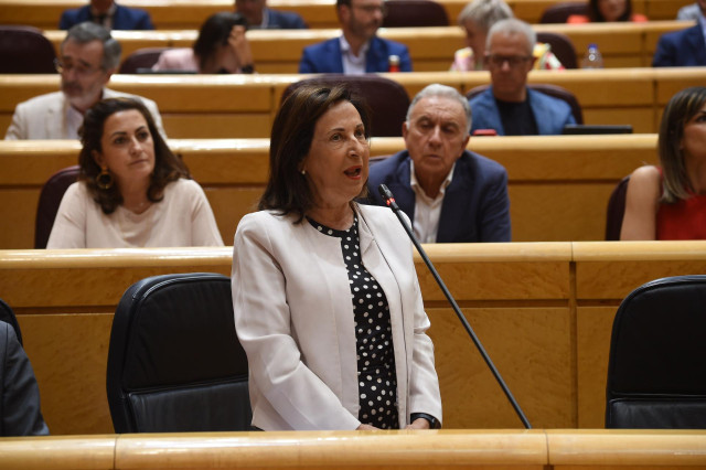 La ministra de Defensa, Margarita Robles, durante una sesión de control al Gobierno, en el Senado.
