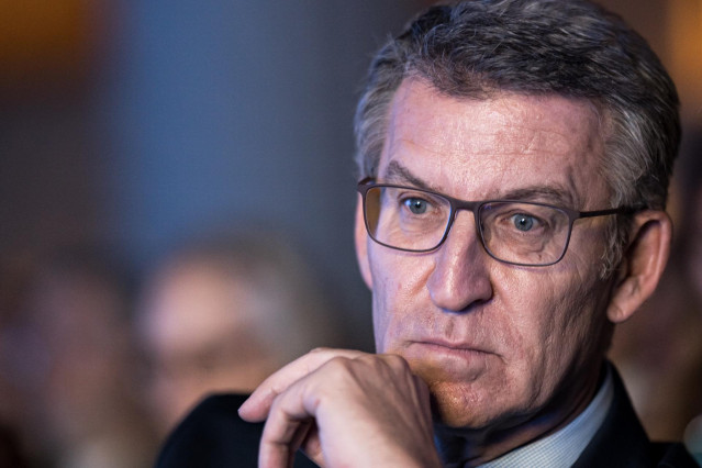 El presidente del PP, Alberto Núñez Feijóo, durante la 17 edición del Foro Atlántico de Madrid, en la Casa de América, a 26 de junio de 2024, en Madrid (España). El foro está organizado por la Fundación Internacional para la Libertad (FIL) y en él se dan