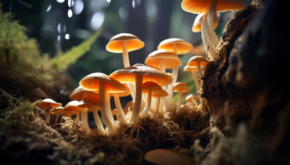Luminescent mushrooms carpeting jungle floor casting otherworldly glow