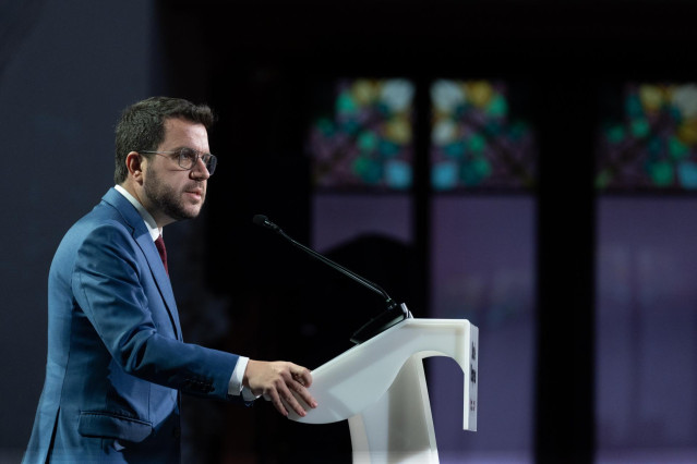 El presidente de la Generalitat, Pere Aragonès, interviene durante el acto de Reconocimiento del Día de la Empresa 2024, en el Palau de la Música, a 26 de junio de 2024, en Barcelona, Catalunya (España). El Reconocimiento tiene como objetivo conmemorar el