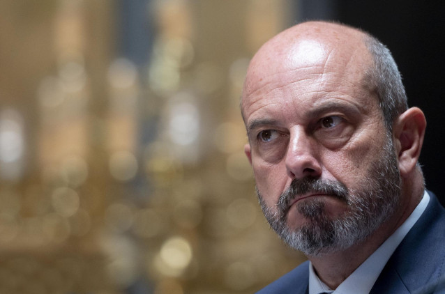 El presidente del Senado, Pedro Rollán, durante la presentación del ensayo 'Ramón Menéndez Pidal: El último liberal unitario', escrito por Jon Juaristi, en el Senado, a 3 de junio de 2024, en Madrid (España). La obra ha sido presentada por la Fundación FA