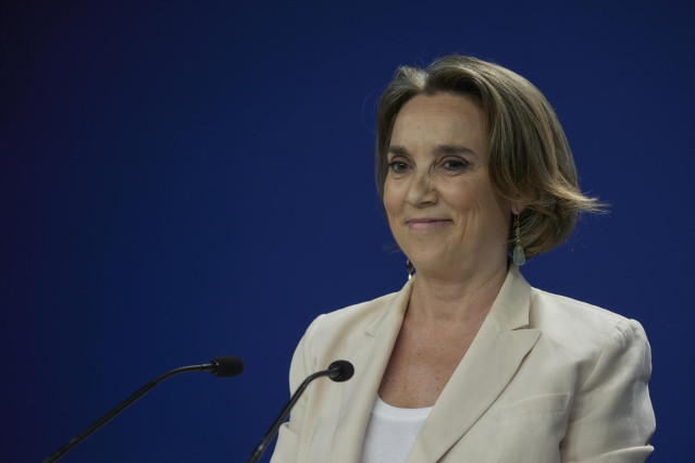 La secretaria general del PP, Cuca Gamarra, comparece durante seguimiento de la jornada electoral de elecciones europeas, en la sede del PP, a 9 de junio de 2024, en Madrid (España).