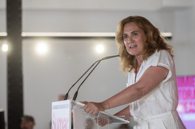 La cabeza de lista de Sumar para las elecciones europeas, Estrella Galán, ofrece una rueda de prensa durante el seguimiento de la jornada electoral de elecciones europeas, en la sede de Sumar, a 9 de junio de 2024, en Madrid (España). Hoy tienen lugar las