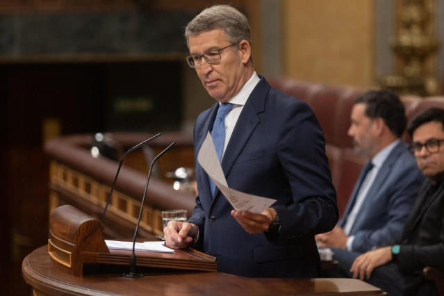 El presidente del Partido Popular, Alberto Núñez Feijóo, interviene durante una sesión extraordinaria en el Congreso de los Diputados, a 17 de julio de 2024, en Madrid (España). Pedro Sánchez presenta hoy las líneas fundamentales del Plan de Acción por la