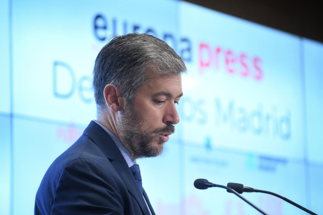 El consejero de Presidencia, Justicia y Administración Local, Miguel Ángel García, interviene durante un desayuno Madrid de Europa Press, en el Auditorio Meeting Place de Castellana, a 18 de junio de 2024, en Madrid (España).