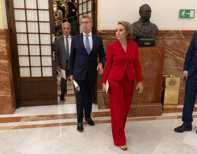 (I-D) El vicesecretario de Coordinación Autonómica y Local del PP, Elías Bendodo; el presidente del PP, Alberto Núñez Feijóo y la secretaria general del PP, Cuca Gamarra, a su llegada al pleno extraordinario en el Congreso de los Diputados, a 11 de julio