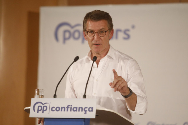 Archivo - El presidente del Partido Popular (PP), Alberto Núñez Feijóo, interviene durante el XIV congreso del Partido Popular catalán, a 23 de julio de 2022, en Barcelona, Cataluña (España).