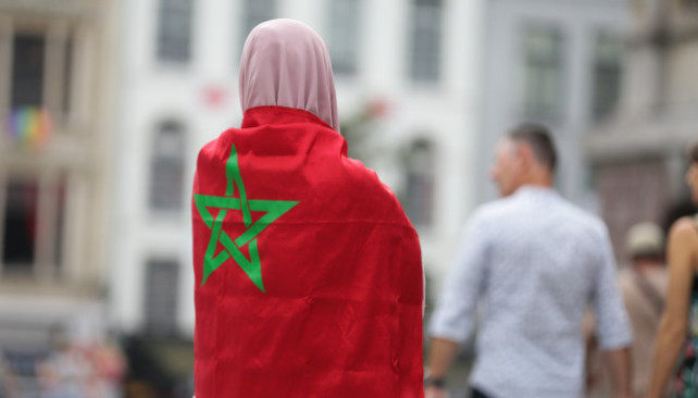 EuropaPress 5959266 antwerp belgium sept 11 2023    woman with flag of morocco attends memorial