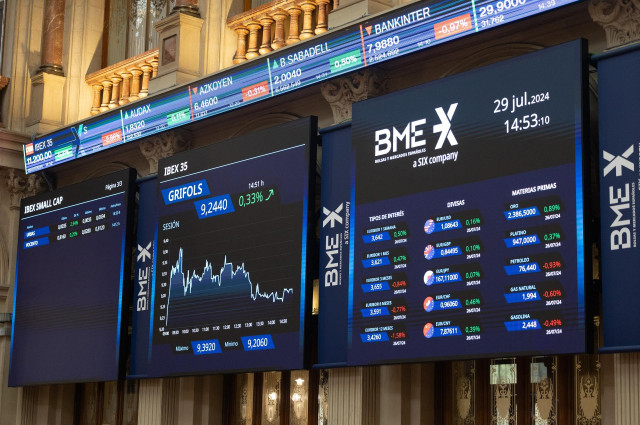 Un panel del Ibex 35, en el Palacio de la Bolsa, a 29 de julio de 2024, en Madrid (España).