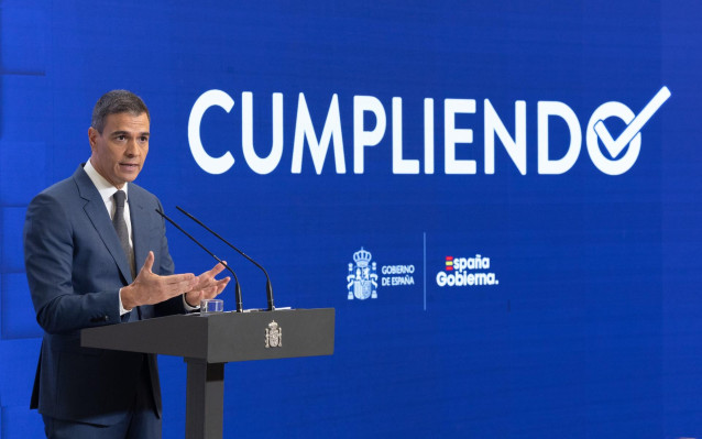 El presidente del Gobierno, Pedro Sánchez, comparece para hacer balance del curso político, en el Complejo de la Moncloa, a 31 de julio de 2024, en Madrid (España).