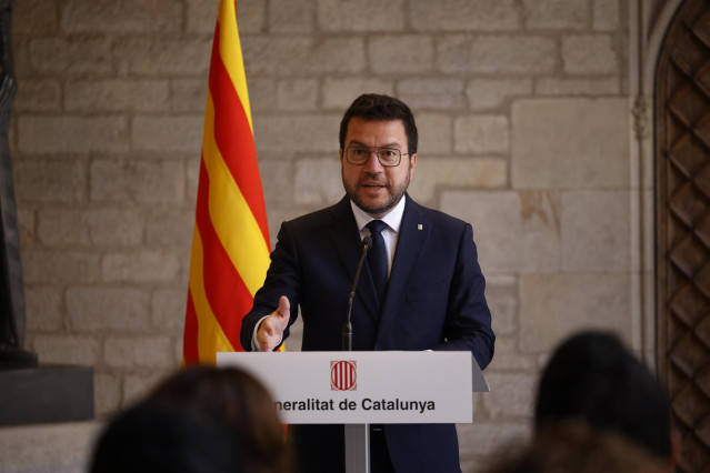 El president de la Generalitat en funciones, Pere Aragonès, durante la rueda de prensa