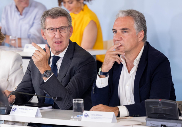 El líder del PP, Alberto Núñez Feijóo (i) y el vicesecretario de Coordinación Autonómica y Local del PP, Elías Bendodo (d), durante la Junta Directiva Nacional del Partido Popular, en el Hotel NH Collection Eurobuilding, a 22 de julio de 2024, en Madrid.