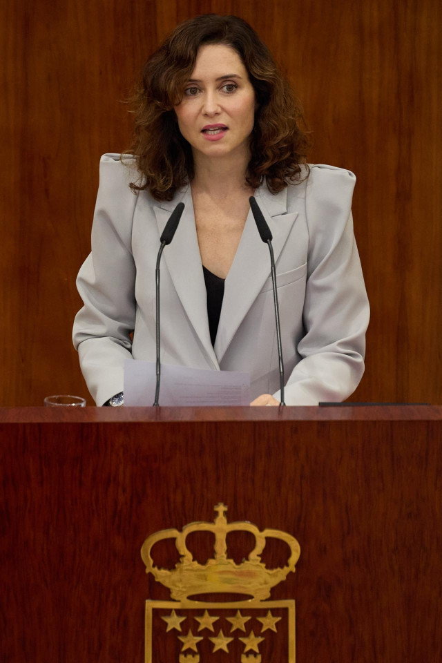 La presidenta de la Comunidad de Madrid, Isabel Díaz Ayuso, interviene durante la primera sesión del Debate del Estado de la Región en la Asamblea de Madrid, a 12 de septiembre de 2024
