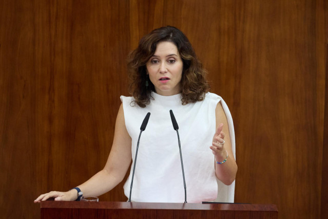 La presidenta de la Comunidad de Madrid, Isabel Díaz Ayuso, interviene durante la segunda sesión del Debate del Estado de la Región, en la Asamblea de Madrid, a 13 de septiembre de 2024