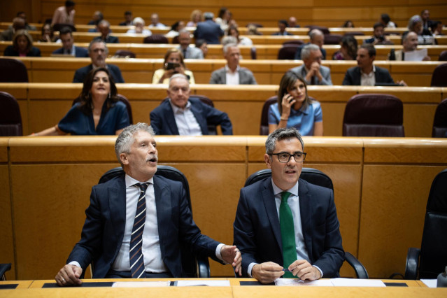 El ministro del Interior, Fernando Grande-Marlaska (i) y el ministro de la Presidencia, Relaciones con las Cortes y Justicia, Félix Bolaños (d), durante una sesión plenaria en la Cámara Alta
