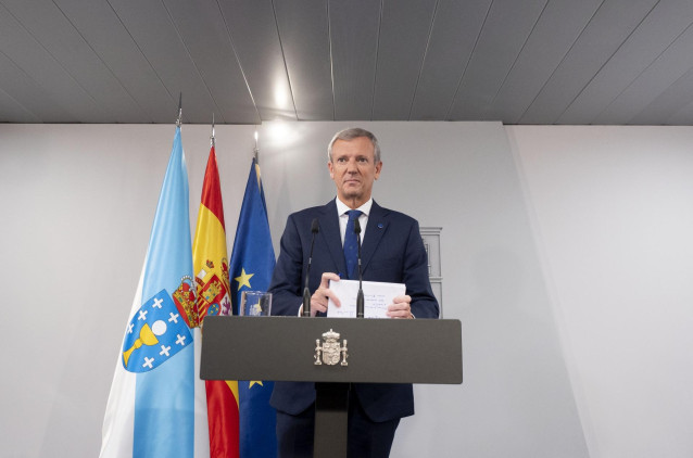 El presidente de la Xunta de Galicia, Alfonso Rueda, durante una rueda de prensa tras una reunión con el presidente del Gobierno, en el Complejo de La Moncloa, a 20 de septiembre de 2024.