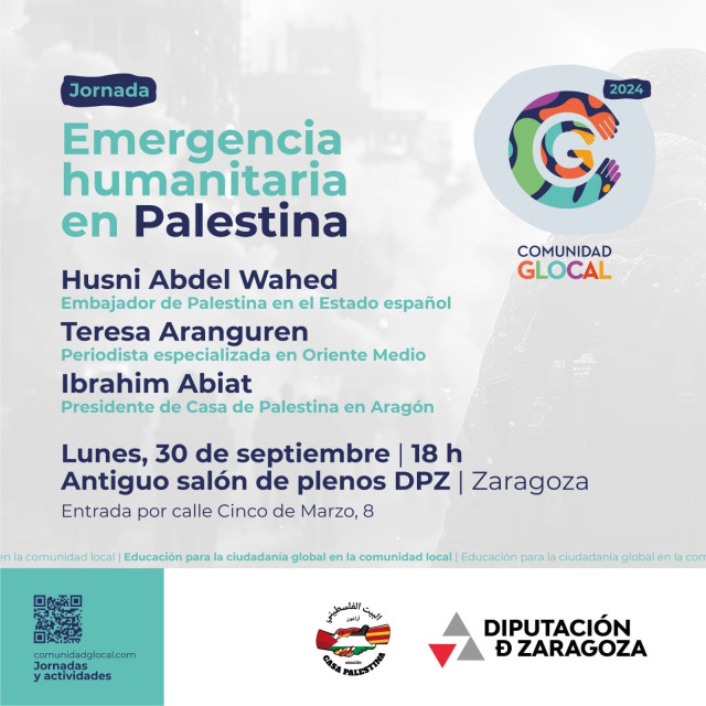 Cartel primera jornada Glocal con la presencia del embajador de Palestina en España