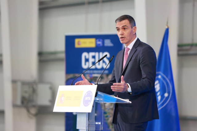 El presidente del Gobierno, Pedro Sánchez, este martes, en el acto de inauguración del Centro de Ensayos de Sistemas Aéreos no Tripulados (CEUS) de Moguer (Huelva)