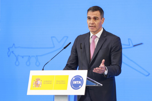El presidente del Gobierno, Pedro Sánchez, durante el acto de inauguración del Centro de Ensayos de Sistemas Aéreos no Tripulados en Moguer, a 1 de Octubre de 2024 en Huelva (Andalucía, España)