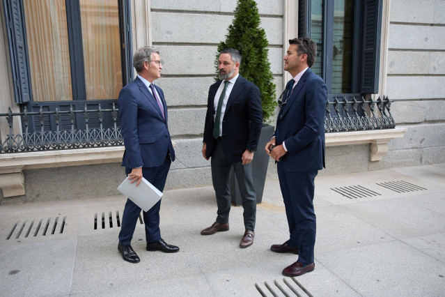 El presidente del PP, Alberto Núñez Feijóo (i) conversa con el presidente de VOX, Santiago Abascal (c), a su salida de una sesión plenaria en la Cámara Baja, a 17 de septiembre de 2024