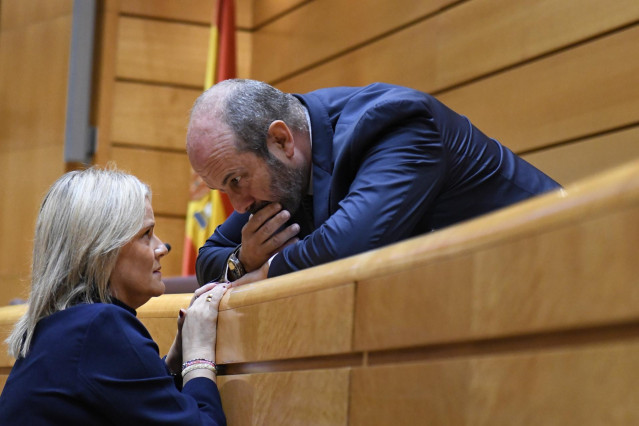 La senadora del PP Marimar Blanco y el presidente del Senado, Pedro Rollán, durante un pleno extraordinario en el Senado, a 14 de octubre de 2024, en Madrid (España). La Cámara Alta afronta el debate y votación de la ley sobre intercambio de antecedentes