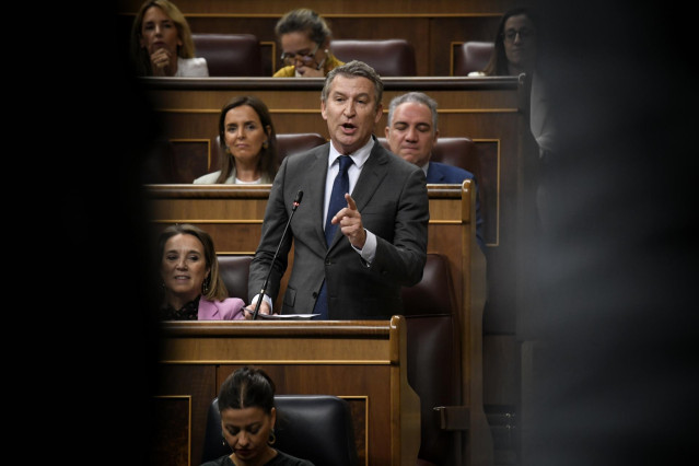 El presidente del PP, Alberto Núñez Feijóo, interviene durante una sesión de control al Gobierno, en el Congreso de los Diputados, a 16 de octubre de 2024, en Madrid (España).