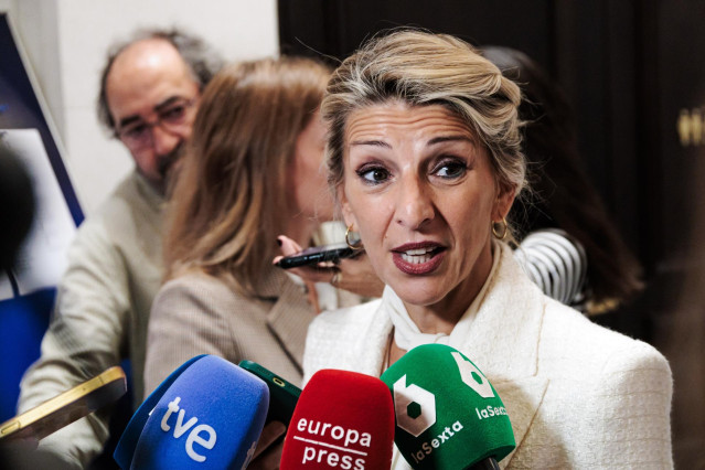La ministra de Trabajo y Economía Social, Yolanda Díaz, durante un desayuno informativo organizado por Nueva Economía Fórum y protagonizado por el secretario general de CCOO, Unai Sordo
