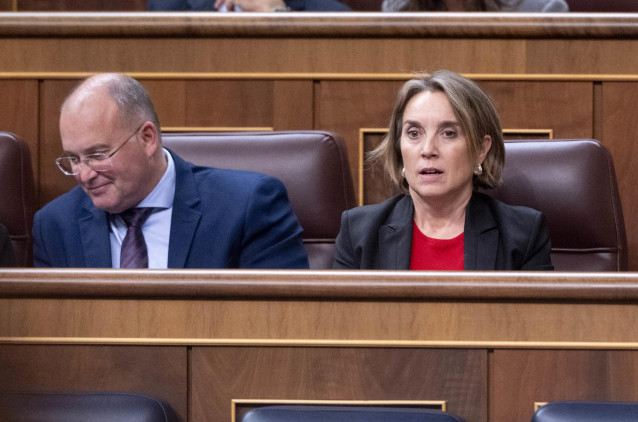 El portavoz del PP en el Congreso, Miguel Tellado y la secretaria general del PP nacional, Cuca Gamarra, durante una sesión plenaria, en el Congreso de los Diputados, a 22 de octubre de 2024, en Madrid (España). El Congreso vota la toma en consideración d