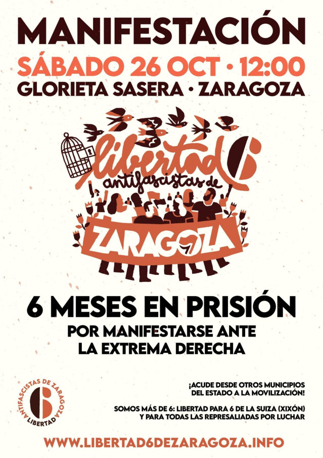 Manifestación el 26 de octubre en Zaragoza por la libertad de 'los 6 de Zaragoza'.