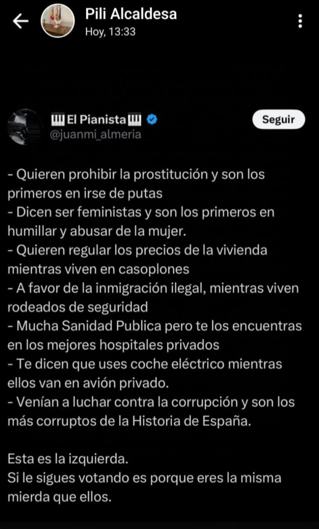 Insultos que la alcaldesa del Partido Popular en Jorquera, María Pilar Medina, ha vertido en sus redes sociales contra los y las votantes de izquierdas