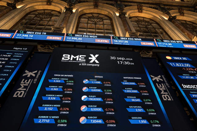 Paneles del Ibex en el Palacio de la Bolsa de Madrid, a 30 de septiembre de 2024, en Madrid (España).