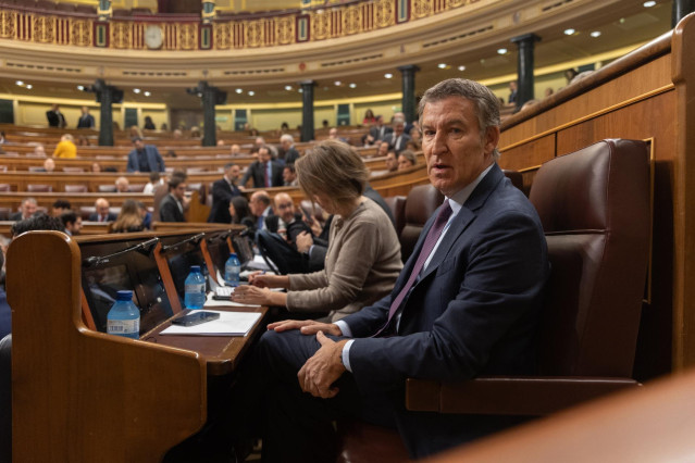 El presidente del PP, Alberto Núñez Feijóo, durante una sesión de control al Gobierno, en el Congreso de los Diputados, a 30 de octubre de 2024, en Madrid (España). El PSOE defiende hoy en el Congreso una iniciativa con la que urge a que las comunidades y