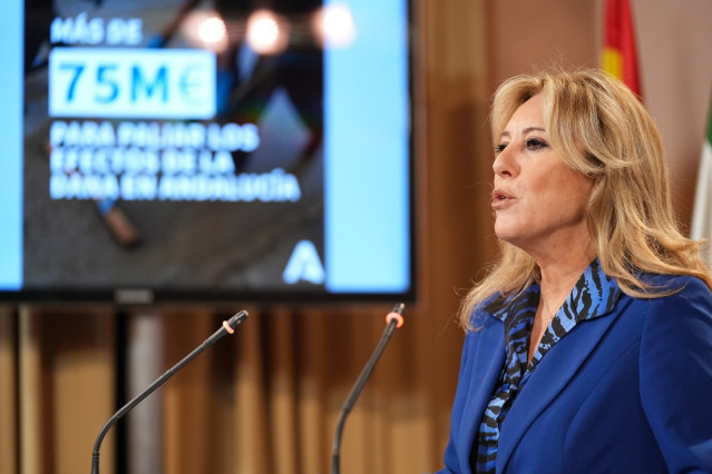 La consejera de Economía, Hacienda y Fondos Europeos y portavoz del Ejecutivo andaluz, Carolina España, este martes en la rueda de prensa posterior a la reunión del Consejo de Gobierno