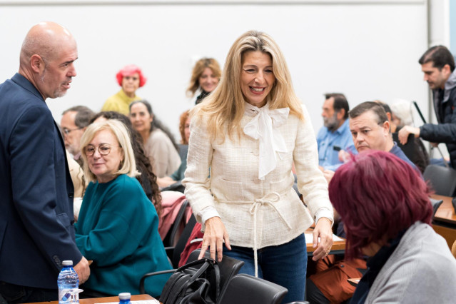 El secretario general de CCOO, Unai Sordo y la vicepresidenta segunda y ministra de Trabajo y Economía Social, Yolanda Díaz, a su llegada a las jornadas de CCOO y el SIMA sobre 'Los organismos autónomos de solución de conflictos'.