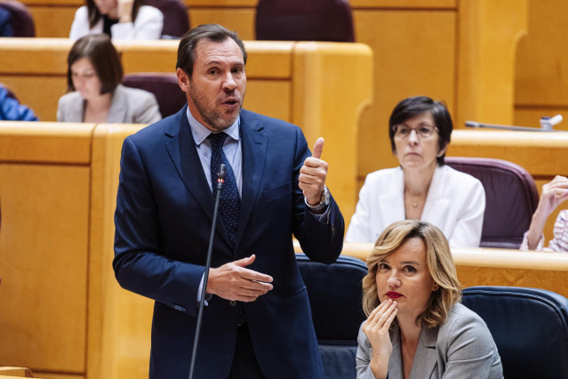 El minietro de Transportes y Movilidad Sostenible, Óscar Puente, interviene durante una sesión plenaria, en el Senado.