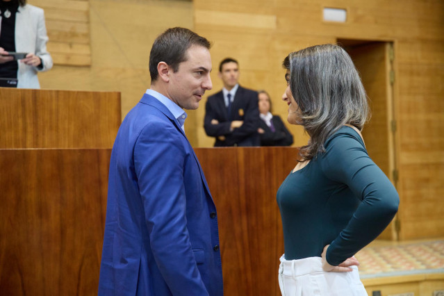 El portavoz del PSOE en la Asamblea, Juan Lobato, y la portavoz de Más Madrid en la Asamblea de Madrid, Manuela Bergerot, durante un pleno en la Asamblea de Madrid, a 14 de noviembre de 2024, en Madrid (España).