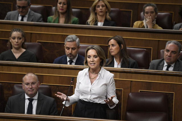 La secretaria general del PP, Cuca Gamarra, interviene durante una sesión de control al Gobierno, en el Congreso de los Diputados, a 23 de octubre de 2024, en Madrid (España).