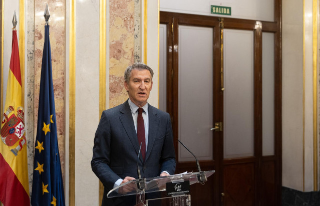 El presidente del Partido Popular, Alberto Núñez Feijóo, durante una rueda de prensa en el Congreso, a 21 de noviembre de 2024, en Madrid (España). El líder del PP, Alberto Núñez Feijóo, ha pedido de nuevo la dimisión del jefe del Ejecutivo tras las decla
