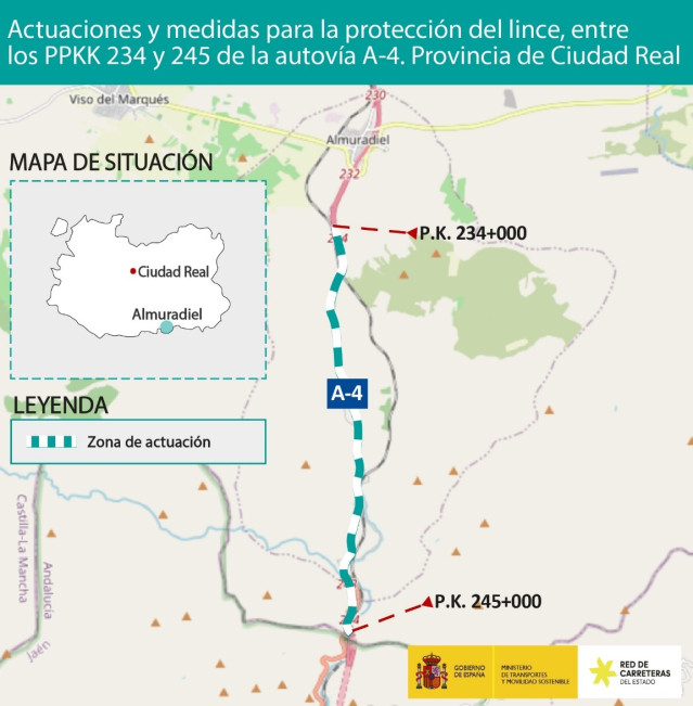 Mapa de las obras en 12 km de la A-4 para proteger el lince ibérico en la provincia de Ciudad Real.