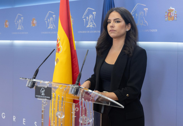 La portavoz de Vox, Pepa Millán, durante una rueda de prensa anterior a la Junta de Portavoces.